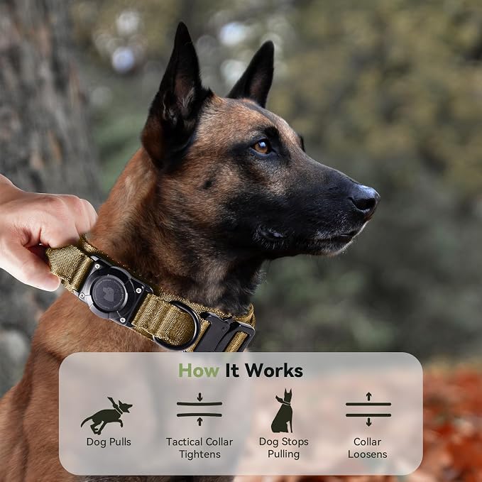 2026 Upgrade Waterproof Tactical AirTag Dog Collar, Built in AirTag Holder | Comfortable Control Handle, Quick Release Metal Buckle, Durable 1000D Nylon, For Medium to Large Dogs, Khaki, L