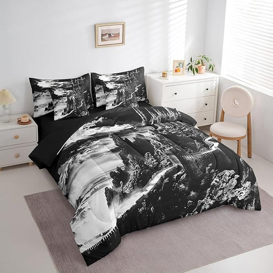 Erosebridal Gothic Dragon Comforter Set 7 Piece Bed in a Bag Twin,Vintage Mythical Animal Bedding Sets Fantasy Castle Dark Sky Sheet Set with Comforter
