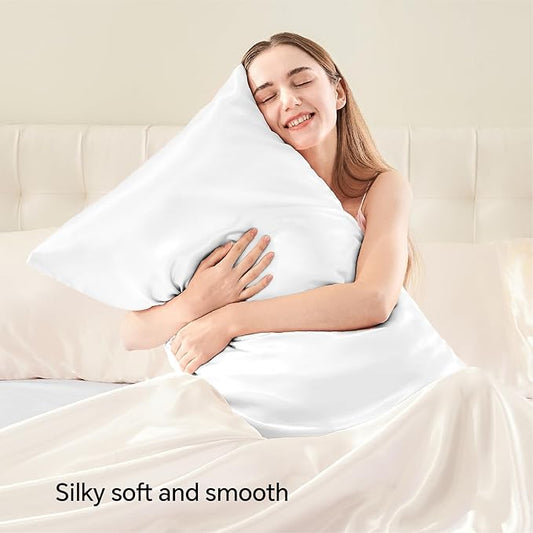 BEDELITE Satin Pillowcase with Zipper, White King Size Pillow Cases Set of 2, Super Soft and Cooling Similar to Silk Pillow Cases, Gift for Women Men(20x36 Inches)