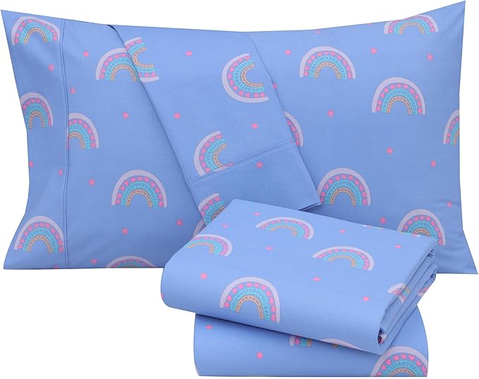 RUVANTI 100% Cotton Sheets – Queen Size Percale Bedding, Cooling & Breathable Floral Design, Durable with a Crisp, Soft & Comfortable Feel, 16" Deep Pocket, 4-Piece Set, Baby Rainbow