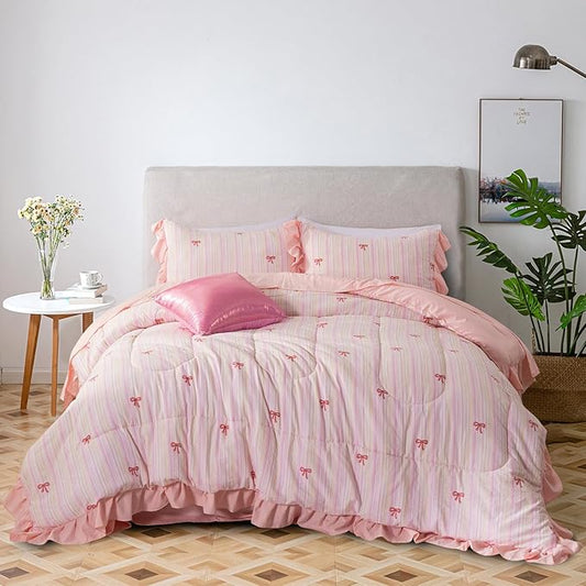 A Nice Night Rainbow Stripes & Bows Bedding Set,Ruffle 6 Piece Bed in a Bag Matching Sheet Set,Princess Style Chic Bow Printed,Light Pink Room Decor for Girls,Full