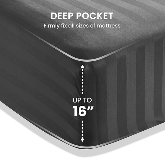 SLEEP ZONE Striped Cooling Queen Sheets Set - Fitted Flat Sheet & Pillowcase Sets 4 Piece - Super Soft Stripe Bed Sheet, Easy Care, Deep Pocket (Gray, Queen)