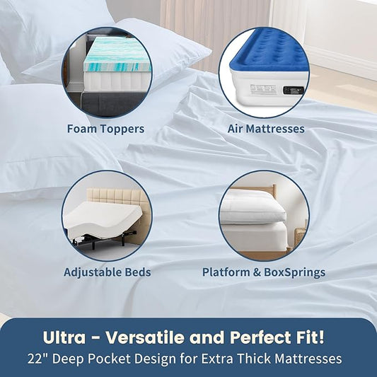 100% Linen Sheet Set Queen Size Extra Deep Pocket Fits 18-24 Inch Mattress, Breathable & Soft, Smooth 4-Piece Set for Thick Mattresses Hotel Luxury Bedding(Queen, Dusty Blue)