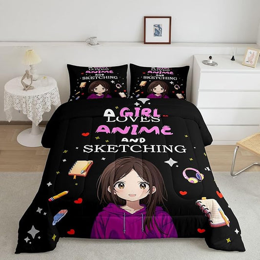 Erosebridal Japanese Girl Bedding Set Anime Cartoon Down Comforter Japanese Style Girly Black Queen Comforter Set Aesthetic Cool Anime Modern Art Quilt Set for Kids Bedroom Decor