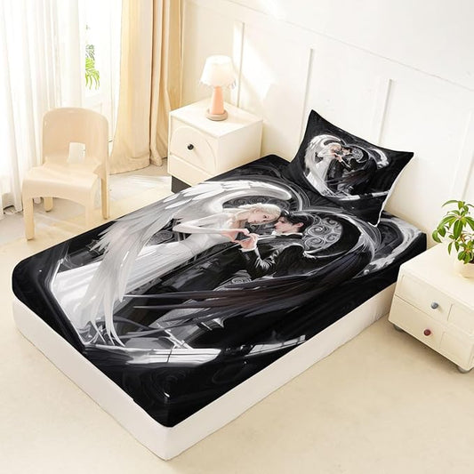 Erosebridal Angel Wings Sheets for Boys Girls Black and White Angel Fitted Sheet,Romance Love Kids Bedding Sets Princess Fairy Style Bed Sets Twin 2 Piece