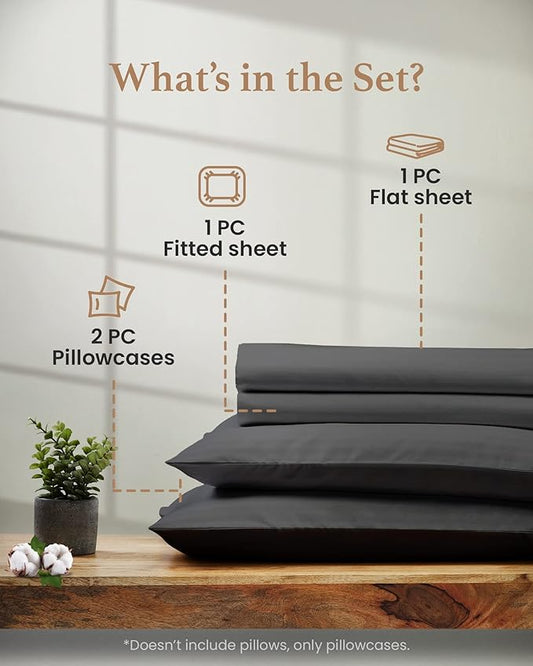 Good Sleep Bedding Twin XL Sheets College Dorm - 100% Egyptian Cotton Twin XL Sheet Sets, 4Pc, Twin XL Bed Sheets, Luxury Sateen Weave Sheets, 16" Deep Pocket - Dark Grey Sheets