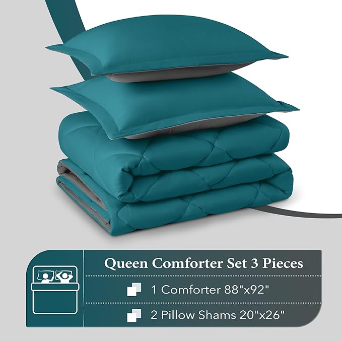 downluxe Queen Comforter Set - Ocean and Grey Queen Comforter, Soft Bedding Sets for All Seasons -3 Pieces - 1 Comforter (88"x92") and 2 Pillow Shams(20"x26")