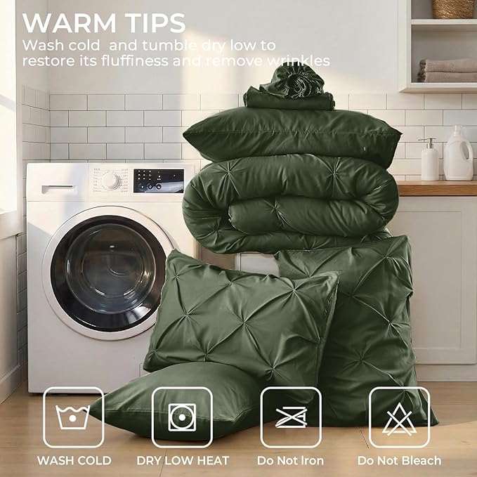 Sasttie California King Comforter Set, 7-Piece Bed in a Bag, Pintuck Bedding Sets for All Season, Includes Comforter, Flat Sheet, Fitted Sheet, Pillowcases and Pillowshams, Dark Green