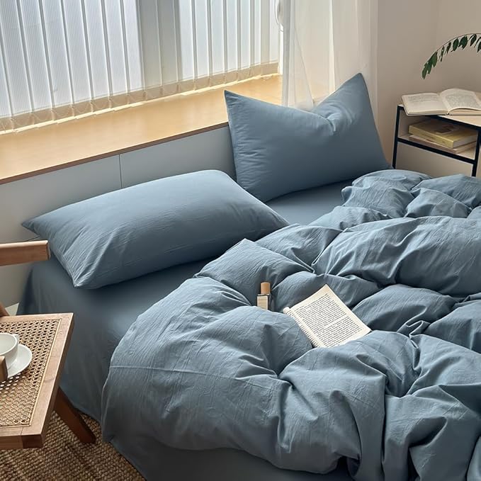 FACE TWO FACE Bedding Duvet Cover Set100% Washed Cotton Duvet Cover Linen Like Textured Breathable Durable Soft Comfy (Full, Deep Gray Blue)