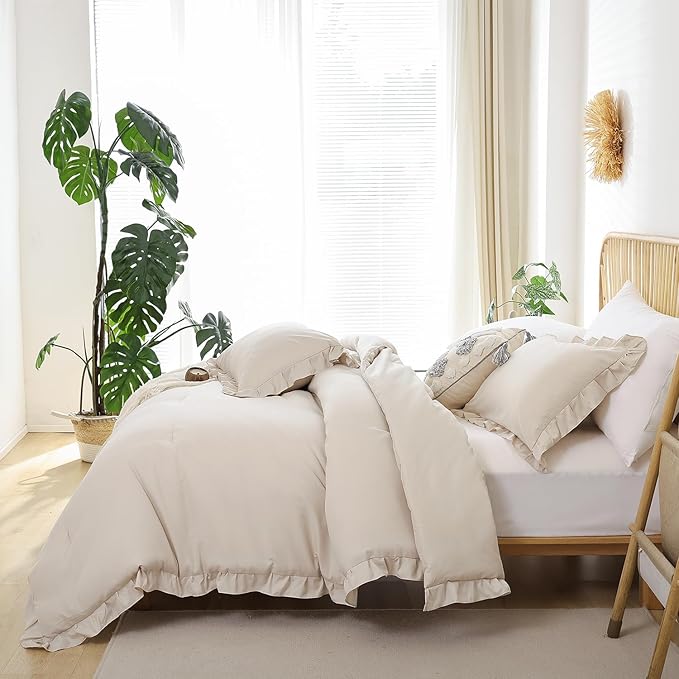 JANZAA Twin Comforter Set Beige Ruffle Comforter with 1 Pillowcase Soft Twin Size Bed Set Vintage Farmhouse Bed Comforter Set Fluffy Shabby Chic Bedding for All Season