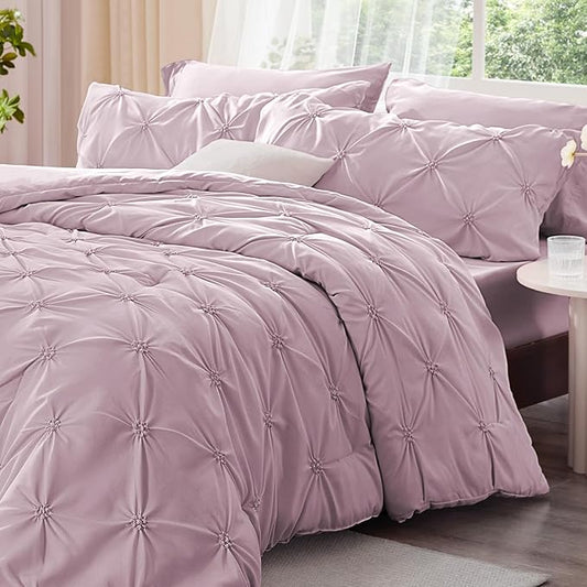 BEDELITE Light Purple Queen Comforter Set - 3 Pieces Boho Pintuck Bedding Comforter Sets, Lightweight Soft & Warm Bed Comforter Queen with 2 Pillowcases for All Season
