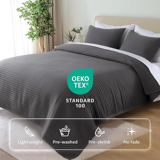 Oversized King Quilt Set 112"x106" โ 3-Layer Soft Washed Lightweight California King Bedspread, Minimalist Nordic Design, All-Season Quilt Bedding (1 Quilt + 2 Pillow Shams), Tornado Dark Grey