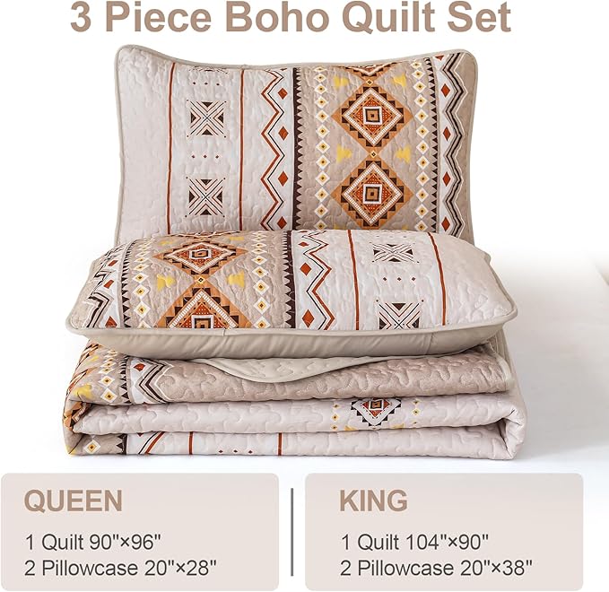 WONGS BEDDING Boho Beige Quilt Set Queen Size,Geometry Printed Bedspread Coverlet Set with 2 Pillowcases,Soft Bohemian Bedding Set Queen 96"×90"