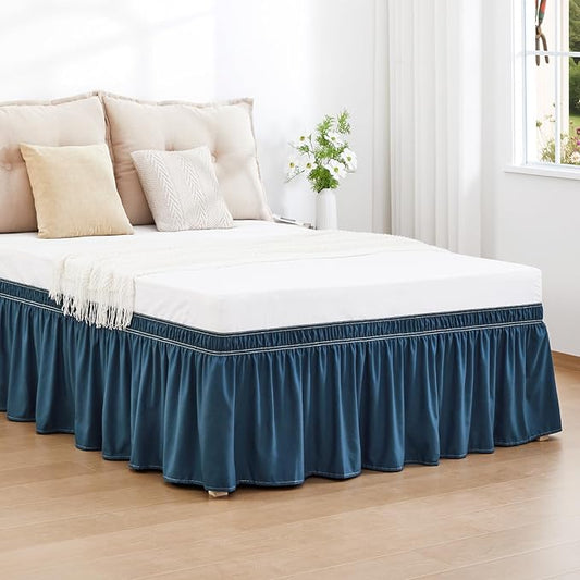 RIMELA Dusty Navy Bed Skirt Queen Size 15 Inch Drop, Wrap Around Elastic Bedskirt, Dust Ruffle for Adjustable Bed Base Machine Washable Easy to Install Bed Skirts