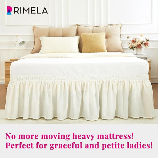 RIMELA Cream Bed Skirt King Size 12 Inch Drop, Wrap Around Elastic Adjustable Bedskirt, Soft Durable Fabric Machine Washable Easy to Install Bed skirting Dust Ruffle for Bed Frame & Box Spring