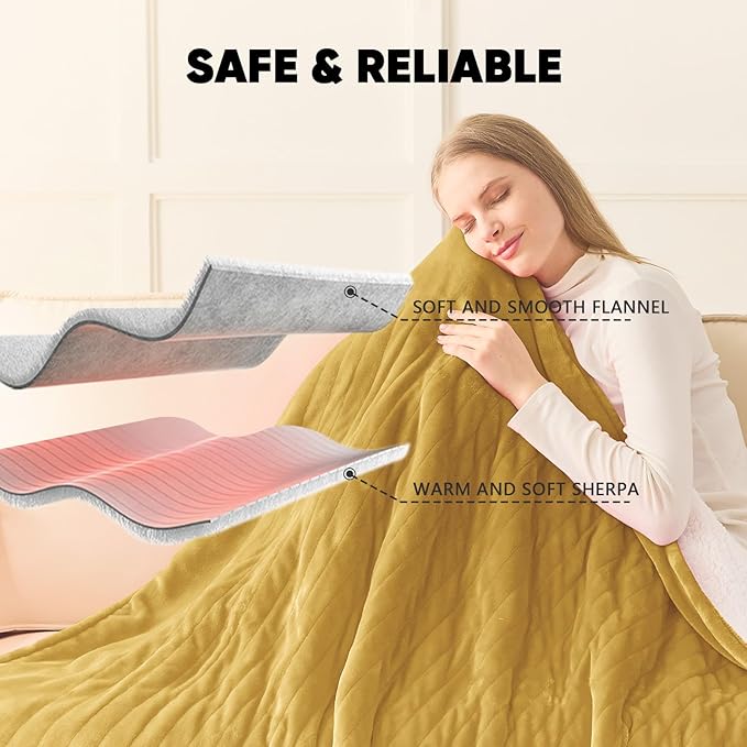 greenoak Heated Blanket Electric King Size 100"X90" Dual Control, Heating Blankets with 10 Levels 8 Hours Auto-Off, Soft Flannel House Warming Gifts for Grandma Seniors Mom, Brownish Yellow