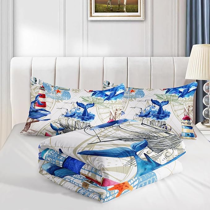 Nautical Whale Comforter Set Twin,Blue Whale Ocean Lighthouse 3 Pieces Bedding Set for Kids Boys Teens,Vintage Nautical Map Microfiber Lightweight Quilt Bedroom Decor with 2 Pillow Cases