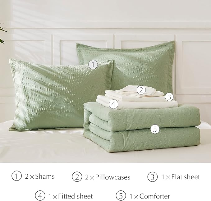 Geniospin King Comforter Set - 7 Pieces Textured Sage Green Bedding Sets, Shabby Chic Comforter Set, All Season Comfortable Bed in a Bag with Comforter, Sheets, Pillowcases & Shams