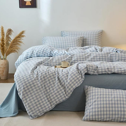 LifeTB Blue Gingham Duvet Cover Grid Bedding Set Full 100% Washed Cotton Vintage Blue White Plaid Checkered Comforter Cover Breathable Grid Duvet Cover Farmhouse Gingham Comforter Cover Full