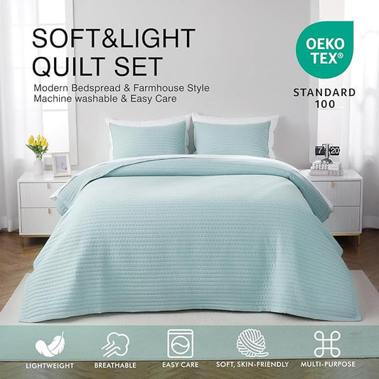 King Quilt Set – 104"x90" Soft Washed 3-Layer Lightweight Bedspread with Multi-Lock Quilting, Minimalist Nordic Bedding, All-Season Quilt for Spring, Summer & Fall (1 Quilt + 2 Pillow Shams), Green