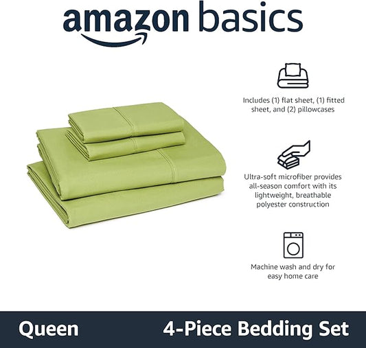 Amazon Basics Lightweight Super Soft Breathable Microfiber 4-Piece Bed Sheet Set, Queen, Oliver Light, Solid