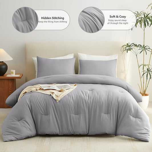 CozyLux Full Size Comforter Set Grey, 3 Pieces Solid Breathable Quilted Bedding Sets, Gray Luxury Lightweight Soft Bed Set with Down Alternative Comforter and 2 Pillowcases for All Seasons