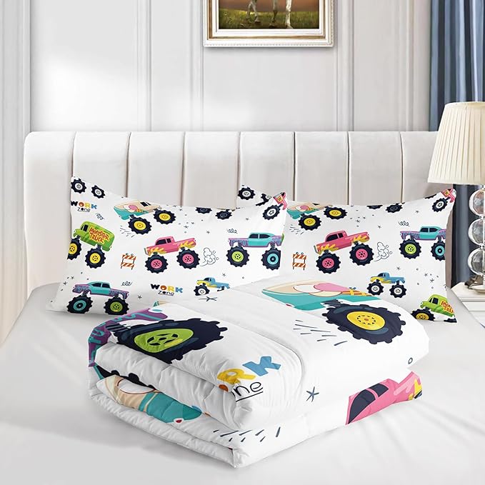 Kids Comforter Set for Boys,Cartoon Monster Car 3 Pieces Bedding Set Twin,Colorful Off-Road Vehicle All Season Soft Microfiber Down Alternative with 2 Pillowcases