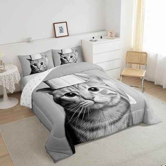 Erosebridal Kitten Bedding Set King Size Cat Comforter Set for Kids Boys Girls 3D Kawaii Cute Hat Bowl Black Grey Comforter Warm Soft Quilt Insert