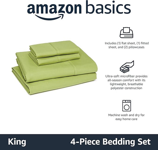 Amazon Basics Lightweight Microfiber 4-Piece Bed Sheet Set, King, Oliver Light, Solid
