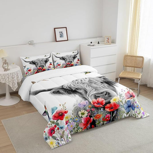 Highland Cow Comforter Set Full, Red Poppy Floral Bedding Set for Teens Boys Girls Adult, Hummingbird Western Funny Animals Quilt Set Cattle Bull Cattle Wild Animals Farmhouse Down Comforter