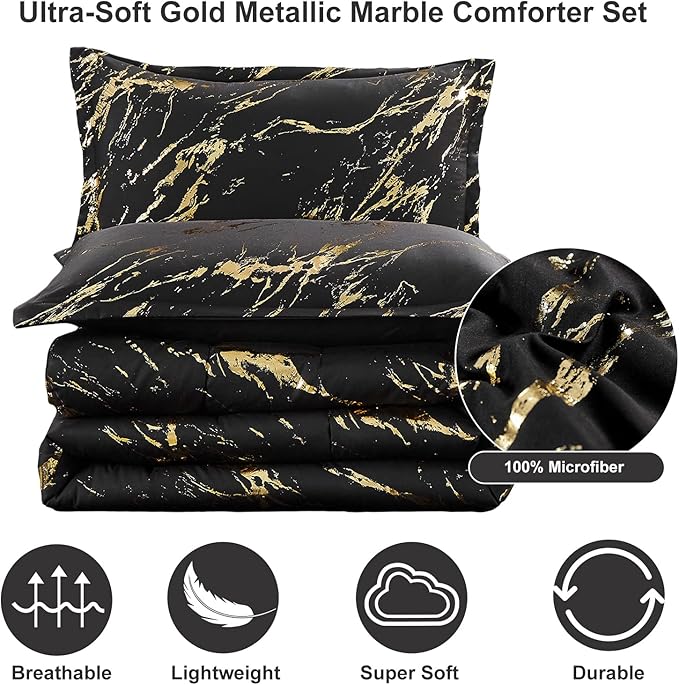 WONGS BEDDING Black Gold Metallic Marble Comforter Set Queen Foil Print Glitter Bedding Sets with 2 Pillowcases for All Seasons, Soft Microfiber Filling Bedding Duvet Set 90"x90"