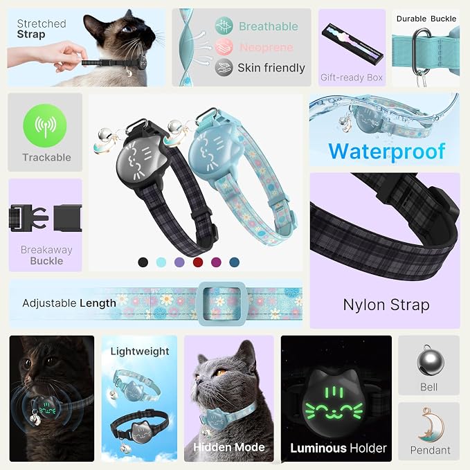 AirTag Cat Collar, Reflective Breakaway Cat Collar, Hidden Holder with Bell | Compatible with Apple AirTag 1st & 2nd Gen, Lightweight Water-Resistant Strap for Cats, AirTag Not Included