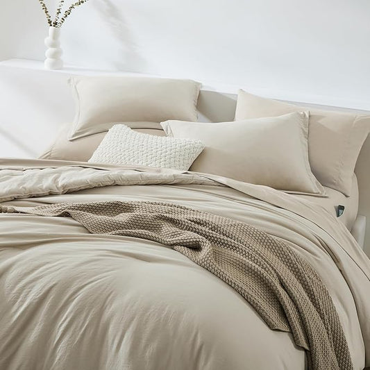 WRENSONGE California King Size Comforter Sets- 7 Pieces Soft Light Oatmeal Bed in a Bag with Fitted Sheet, Flat Sheet, 2 Pillow Shams, 2 Pillowcases, Warm Bedding Sets for All Season
