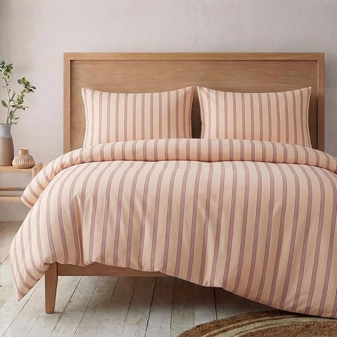 Bedbay 100% Cotton Striped Duvet Cover Set Queen Size, Warm Apricot Bedding Set, 100% Cotton Sateen, Silky Soft Cozy 3 Piece Duvet Cover for All Seasons