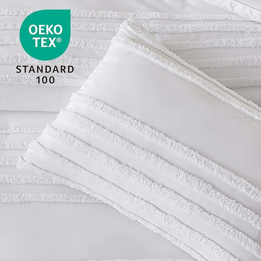 BEDELITE Boho Twin/Twin XL Comforter Set,White Tufted Striped Bed Set 2 Pieces, Soft Vintage Farmhouse Comforter for College, Boho Home Dorm Decor, Fluffy Jacquard Bedding with 1 Pillow Sham