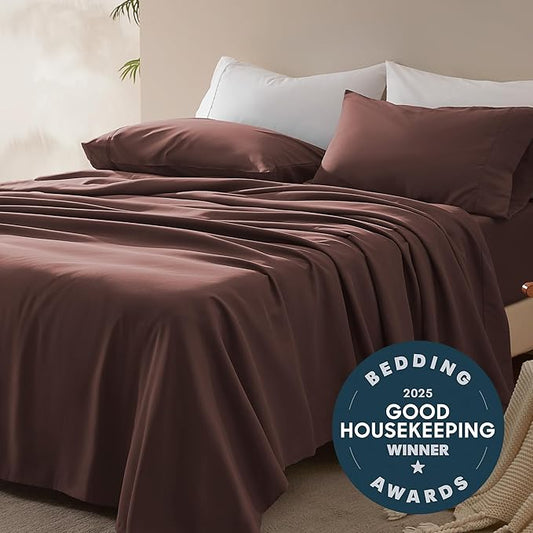 SLEEP ZONE Nanotex Super Soft Cooling King Bed Sheets Set 4 Piece - Easy Care Fitted Flat Sheet & Pillowcase Sets - Wrinkle Free, Fade Resistant, Deep Pocket 16" (Brown, King)