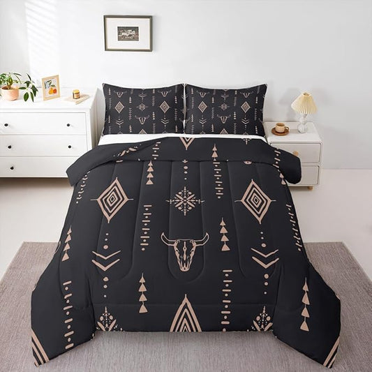 Bull Skull Comforter Set King Boho Bedding Ethnic Horns Bohemian Bedding Comforter Sets Black Brown Tribal Symbol Mysterious Aztec Bedroom Decor Abstract Geometric Duvet Insert for Men Boys