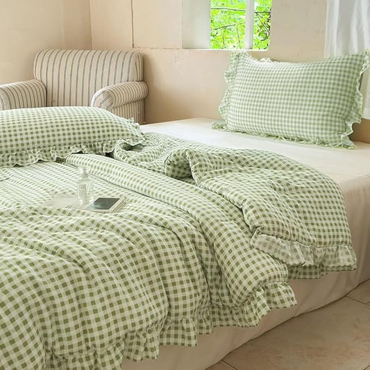 NSNLGSGC Sage Green Ruffle Gingham Comforter Set Queen, Pre-Washed Ruffled Plaid Checked Comforter Bedding, 3 Pieces Vintage Farmhouse Grid Bedding Set(Green Gingham, Queen)