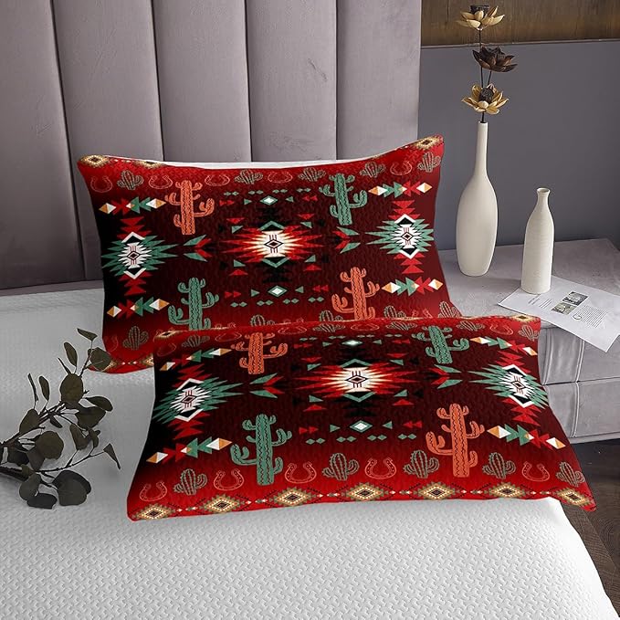 Geometric Aztec Bedspread King Size,Western Cowboy Cactus Horseshoe Rustic Coverlet Set,Boys Girls Room Decor,Southwest Tribal Cabin Quilted Coverlet,Farmhouse Retro Bedding Quilt,2 Pillowcases