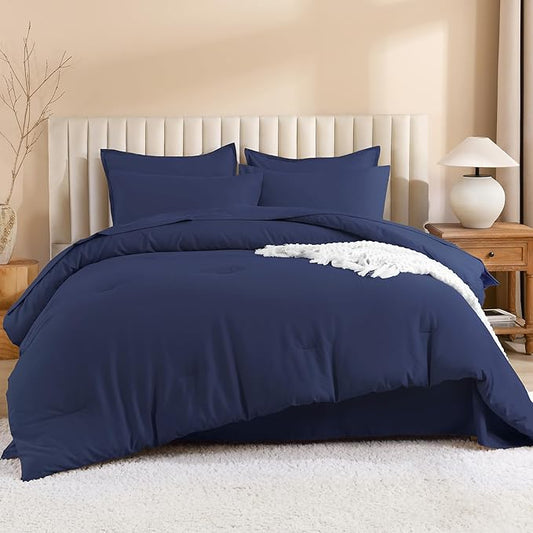 Litanika Full Size Comforter Sets Navy Blue - 7 Pieces Bed in a Bag Full Bedding Comforter Sets, Solid Lightweight Bed Set with Comforter, Sheets, Pillowcases & Shams