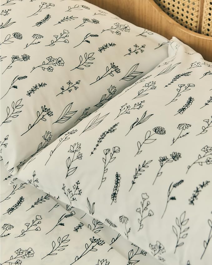 Floral Sheets - Black & White Floral Bed Sheet Set - 1 Flat, 1 Fitted & 1 Pillowcase w/ Deep Pockets - Comfy, Wrinkle & Fade Free - Boho Botanical Bedding - Breathable and Cooling - Twin XL Size Set