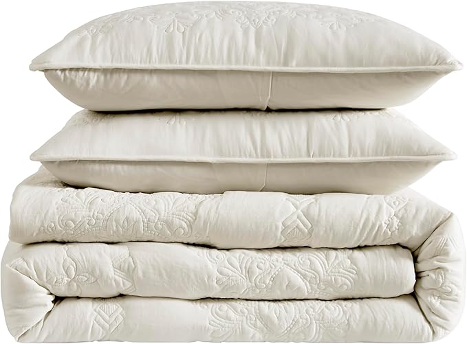 B2EVER Boho Light Beige Quilt Queen Size Bedding Sets with Pillow Sham, Bohemian Lightweight Bedspread Coverlet, Farmhouse Floral Vintage Thin Comforter Bed Cover All Season, 3 Pieces, 90x90 inches