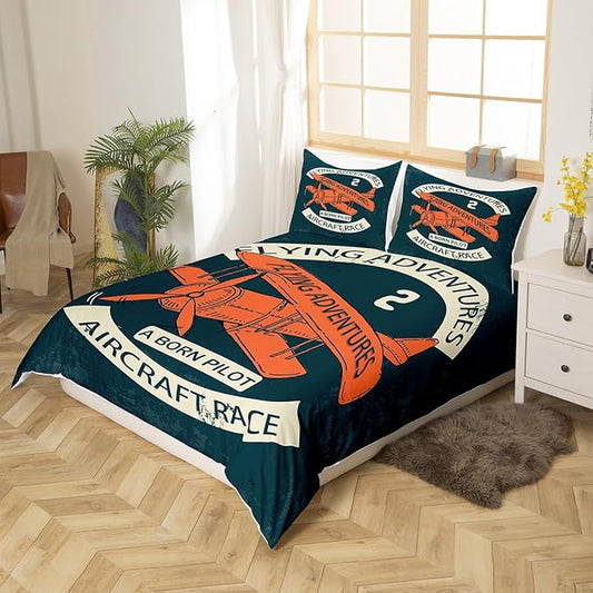 Castle Fairy Retro Aircraft Bedding Set King Size,Vintage Airplane Orange Painting Duvet Cover with 2 Pillowcase for Teens Adults,Flying Adventure Helicopter Decorative Comforter Cover,No Comforter