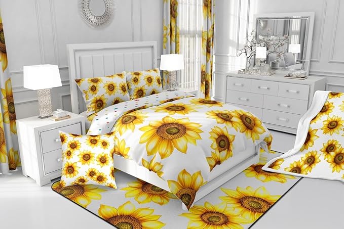 Sunflower King Bedding Set 3D Floral Comforter Set Yellow Flowers Bedding Comforter Sets Pastoral Sunflower Decor For Bedroom Quilt Nature Blossom Plants Down Comforter With 2 Pillowcases, White
