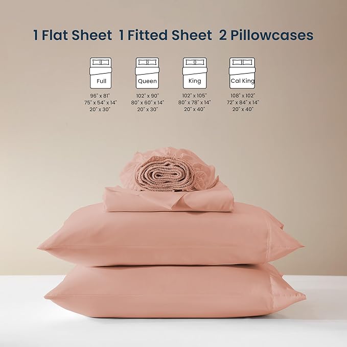 SLEEP ZONE Nanotex Super Soft Cooling King Bed Sheets Set 4 Piece - Easy Care Fitted Flat Sheet & Pillowcase Sets - Wrinkle Free, Fade Resistant, Deep Pocket 16" (Dull Pink, King)