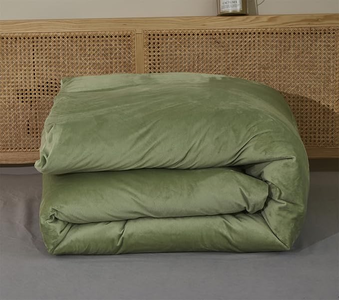 Houseri Sage Green Velvet Comforter Set Queen Fluffy Light Green Micromink Sherpa Bedding Sets Queen Warm 3 Pieces Lightweight Durable Solid Green Flannel Fuzzy Extra Comfy Soft Plush Bed Quilts Queen