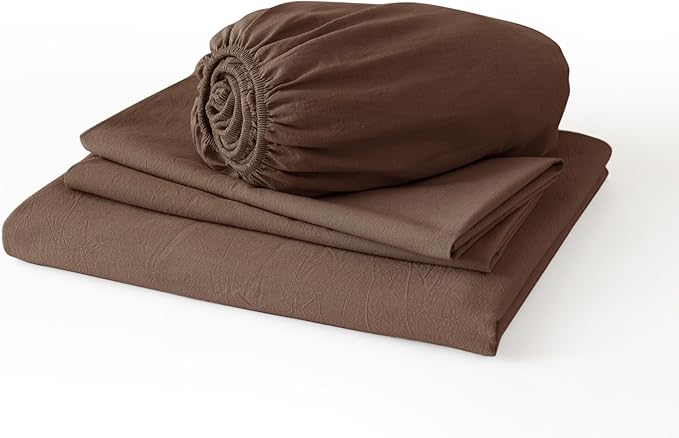 JIYUAN Queen Size Sheet Set, 4-Piece - 100% Washed Cotton, Linen-Like Soft & Breathable, Includes Deep Pocket Fitted & Flat Sheet with 2 Pillowcases, Hotel Quality, Solid Chocolate Brown