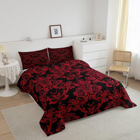 Feelyou Adults Red Vintage Damask Floral Comforter Set Oriental Antique Comforter King Size Gothic Bohemia Boho Flower Bedding Set Gothic Skull Duvet Set Quilt Set 3Pcs