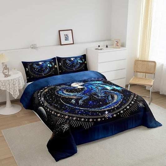 Feelyou Dragon Comforter Set Full Size Comforter for Boys Girls Teens Luxury Bedding Set Dragon Decor Duvet Set Room Decor Blue Black Quilt Set