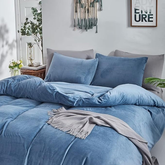 Houseri Velvet Blue Comforter Set Queen Light Bedding Fluffy Dusty Flannel Sets Furry Lake Sherpa Comforters Warm Fuzzy Blanket Queen(90''*90''-Comforter)